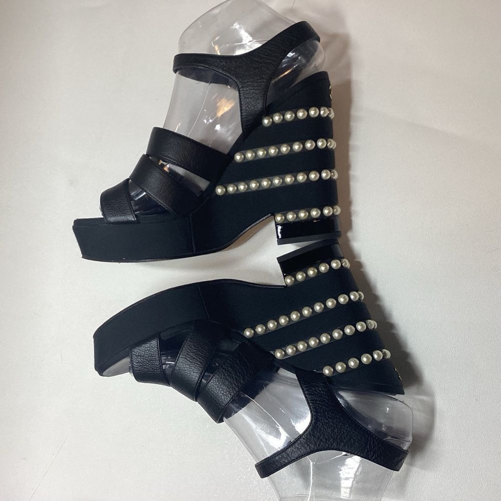 Chanel Calfskin Grosgrain Pearl Wedge‎ Sandals Size EU 38.5 Black - Picture 4 of 16